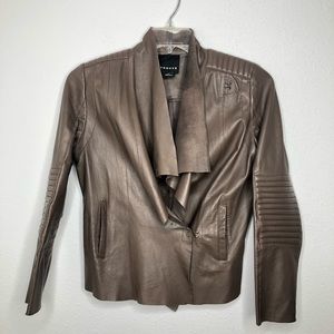 Trouve Brown Drape Collar Moto Leather Jacket